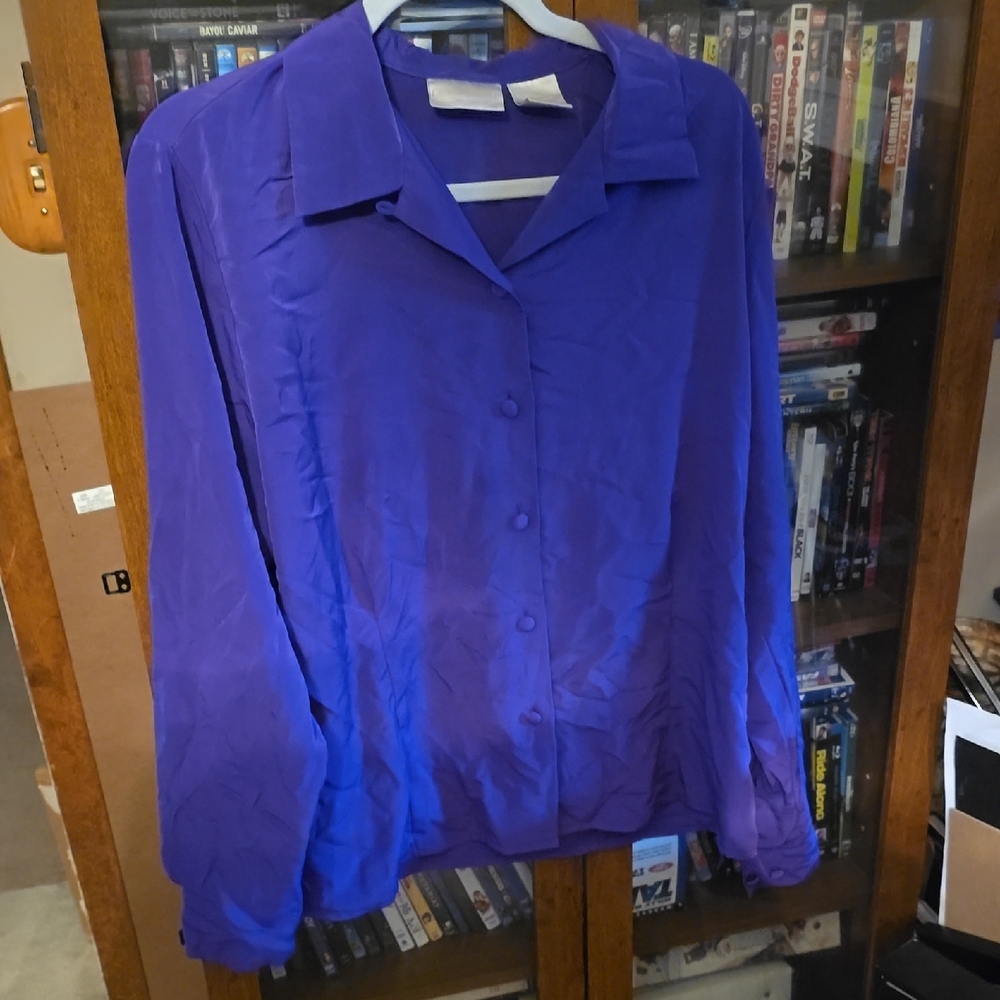 Blue Boxy Long Sleeve Notched Collar Blouse